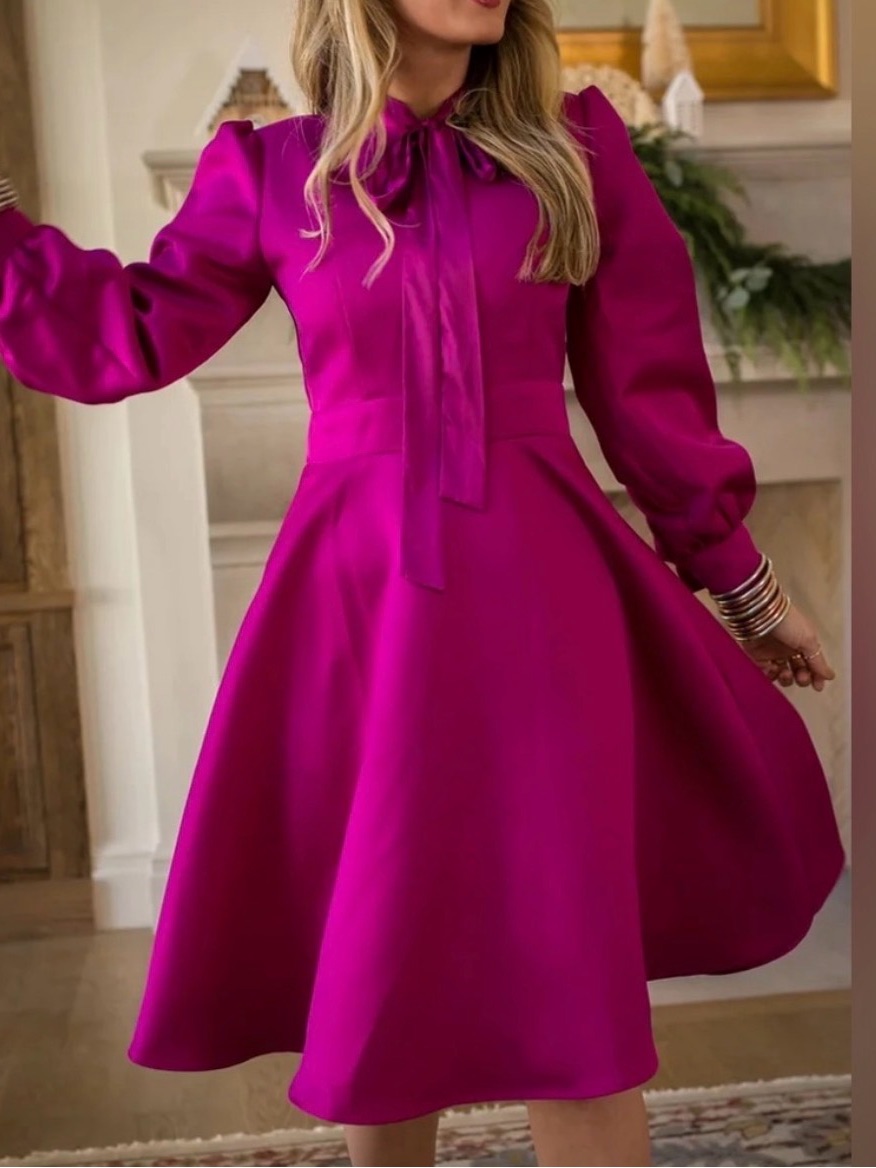 Ivy City Co. Pippa Fuchsia Tie-Neck Long Sleeve Dress